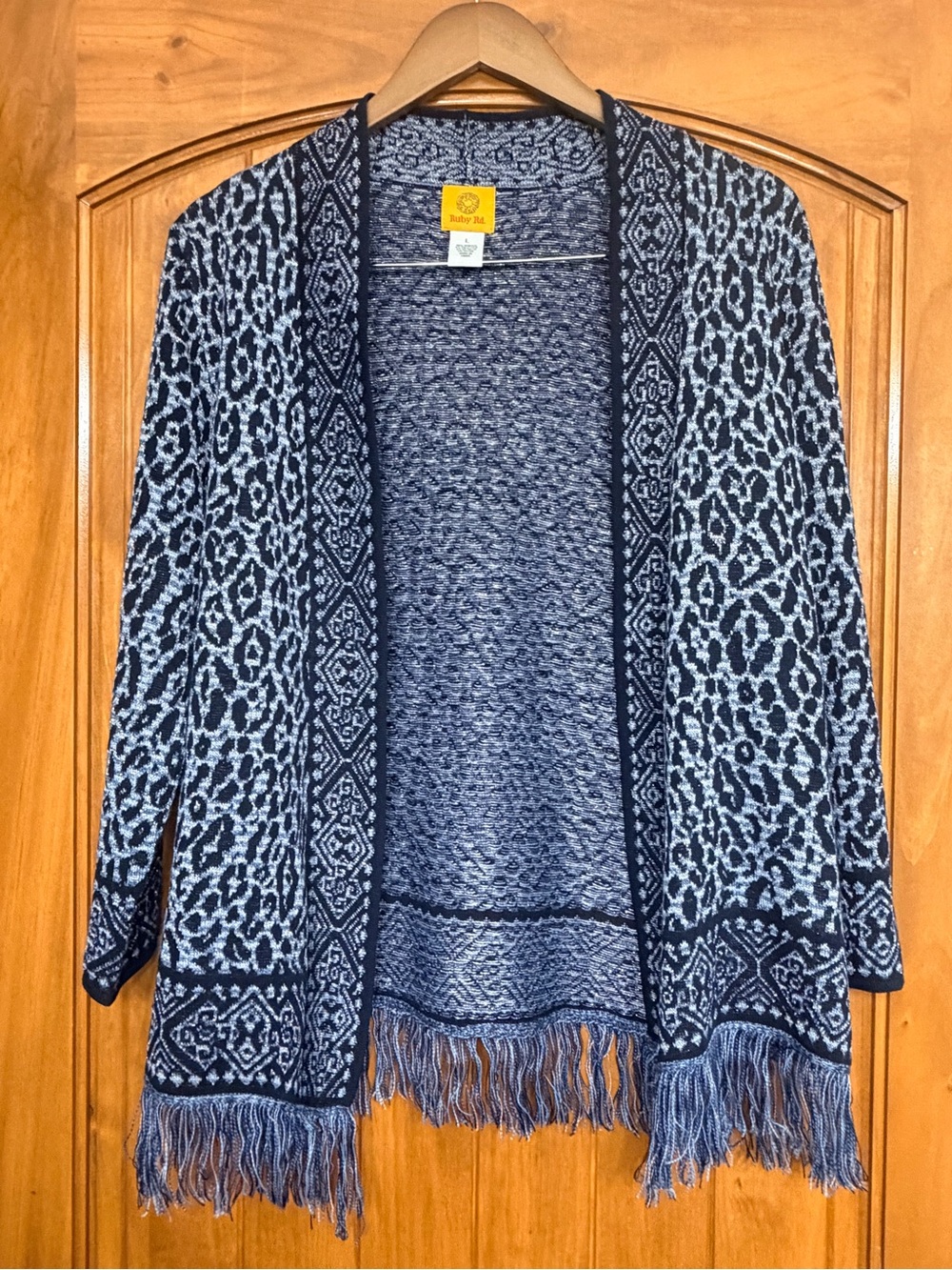 Ruby Rd. Leopard Print Shimmer Fringed Open Cardigan - Picture 2 of 6